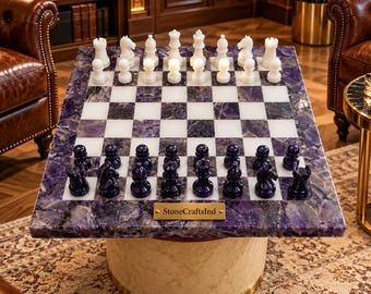 Amethyst Marble Chess Set – Handmade Luxury Purple Stone Chess Board – Elegant Gemstone Game