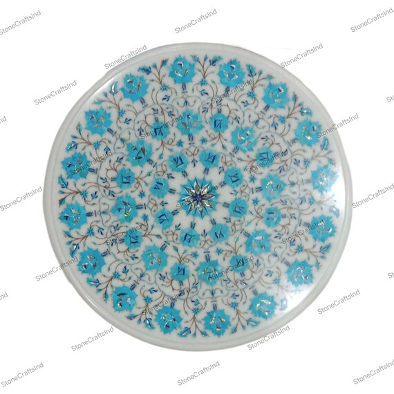 Round Marble Table Top, Turquoise Inlay, Handmade Art