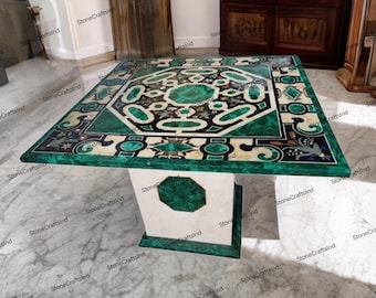 Handmade Malachite Coffee Table Top, Semiprecious Stone Inlay, Square Marble