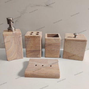 Marble Bathroom Accessories Set Unique Collections Modern Complete, 5 Piece Marble Sand Stone Bathroom Set, Handmade Set for Kitchen & Bath