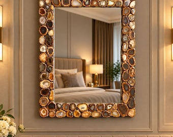 Luxury Agate Wall Mirror – Handmade Natural Stone Mirror – Rectangular Gemstone Mosaic Home Decor