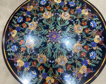 Black Marble Table Top, Floral Inlay Semiprecious Stones