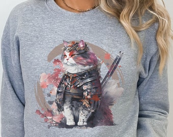 Persian Cat Samurai Art Shirt, Kawaii Japanese Ninja Cat Sweatshirt, Japanese Streetwear for Cat Lovers, Japan Lover Gift Idea for Cat Mom