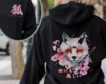 Custom Kitsune Mask Japanese Streetwear Hoodie, Japanese Modern Art Shirt, Kitsune Kanji Sweatshirt, Harajuku Pocket Print Hooded Sweatshirt