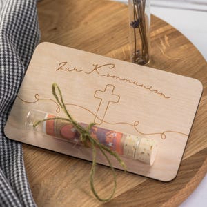Geldgeschenk Kommunion, Geldgeschenk Taufe, Geldgeschenk Konfirmation, Geldgeschenk aus Holz mit Reagenzglas, personalisiert, Geld schenken