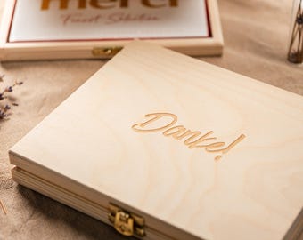Gepersonaliseerde houten geschenkdoos voor Merci-chocolaatjes, cadeau-idee voor een collega, bedankcadeau