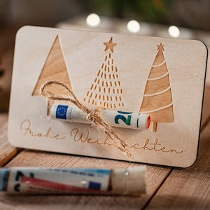 Kerstgeldcadeau, wensvervuller, reageerbuis, kerstboommotief, kerstmotief, geld geven, voucherkaart, geld met houten kaart