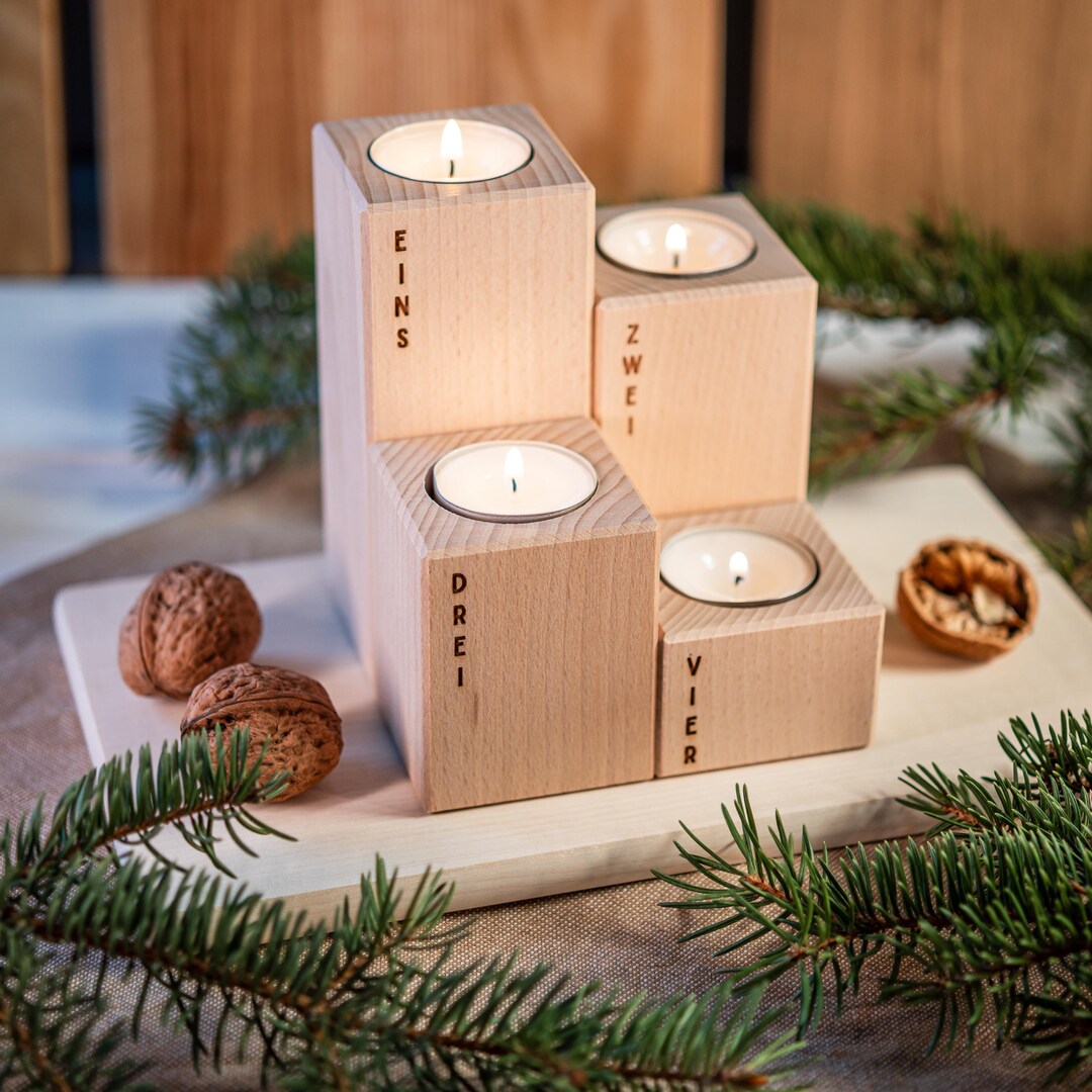 Adventskranz Holz Mit Metall-Deko - Weihnachts Teelichthalter