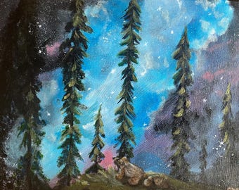 Björnmamma och ungar originalmålning, skogslandskap, djurlivsdekor, stjärnklar natthimmel, vildmarksnaturkonstverk, skogsmarksdekor,