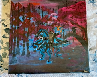 Kopfloser Reiter Ichabod Kranich Sleepy Hollow Halloween Spooky Goth Gothic OriginalGemälde Haunted Forest Dark Moody Wanddekoration