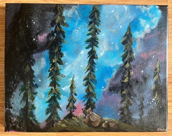 Pintura original de osa madre y cachorros, paisaje forestal, decoración de vida silvestre, cielo nocturno estrellado, obra de arte de naturaleza salvaje, decoración de bosque,