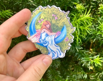 Fairy on Moon Sticker, Fairycore Vinyl Decal, Whimsical Fantasy Art Sticker, Cottagecore Laptop Sticker, Romantic Moon Fairy Gift