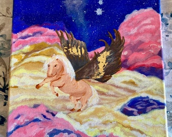 Pegasus fliegt klassische griechische Mythologie Original Fantasy mystische Pferdekunst Blattgold Himmlische Nachthimmels lebendige Traumkernwolke