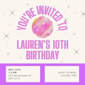 Pink Disco Ball Birthday Invitation, Editable, Printable, Canva, Template,  Disco Party, Dance Party Invitation, , Instant Download