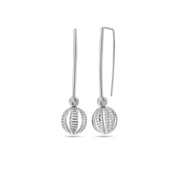 Sterling Silver Long Dangle Earrings: Embroidered Disco Ball Design