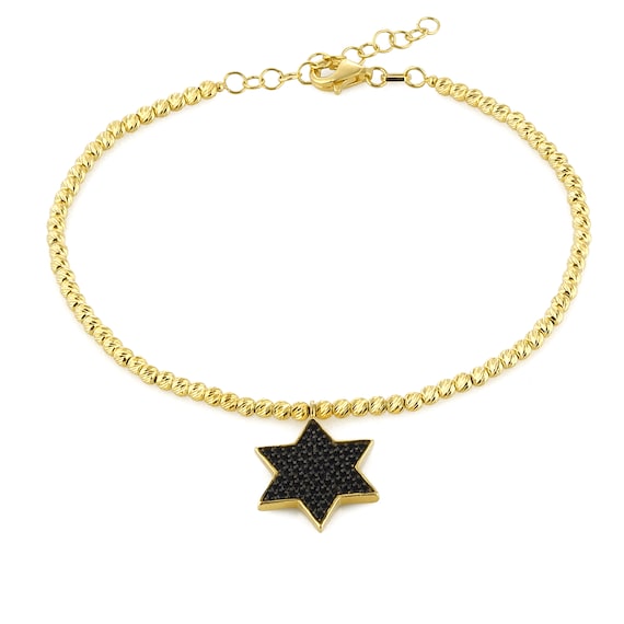 Black Star Bracelet, Black Zircon Stoney, Dainty 14k Gold Plated 925 Sterling Silver Beads