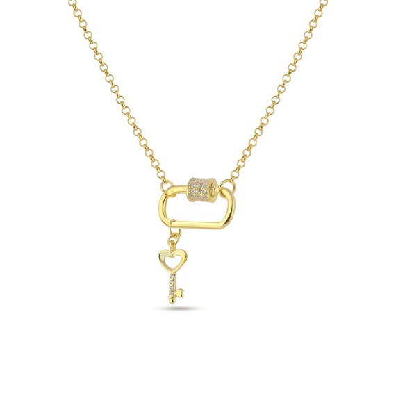Love Lock Key Necklace: Zircon 14k Gold Plated Sterling Silver