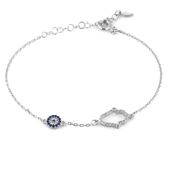 Dainty Evil Eye, Hamsa-Hand of Fatima Bracelet, Chains Charms Bracelet, 925 Sterling Silver