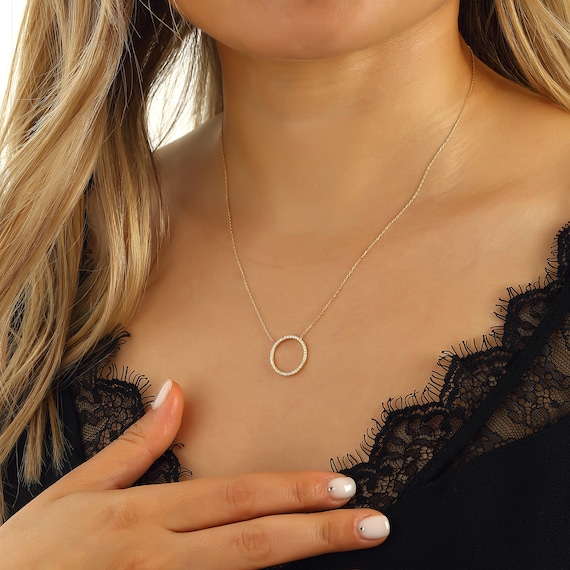 Gold Plated Sterling Silver Circle Necklace: Zircon Wedding Jewelry