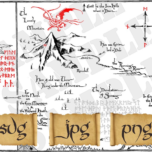 digital map of Thorin- The Hobbit- the lonely mountain - illustration in red- dragon Smaug - erebor moon runes - Lotr clipart