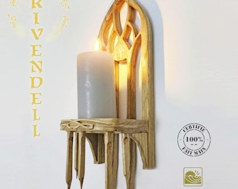 Wandkerzenhalter inspiriert vom Herrn der Ringe Bruchtal: Handgefertigte Elfen-Holzskulptur – L'Artelier de Julien – auf Bestellung gefertigt