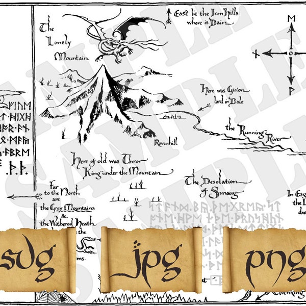 Thror's map Svg Vector - PNG JPG files the hobbit map- lonely mountain- Smaug dragon - thorin's Map - engraved Map - erebor lotr printable