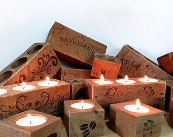 ensemble de bougeoirs vintage en bois ancien - photophore en bois brut pour bougies chauffe- plat - support de bougies décoration interieur