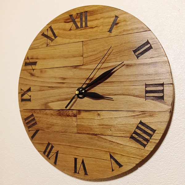 vintage or industrial style clock in chestnut wood