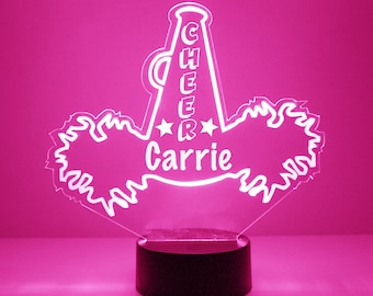 Cheerleader, Megafono e Pom Poms, Regalo personalizzato, Lampada a luce notturna a LED a 16 colori, Incisione GRATUITA, Telecomando, Miglior regalo, Trofeo Cheer