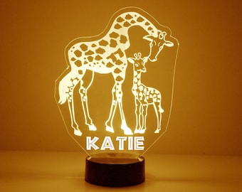 Giraffe Light Up, Personalized Kid's Gift, 16 Color LED Night Light Lamp, FREE Engraving, Remote Control, Giraffe and Baby Calf Theme Decor