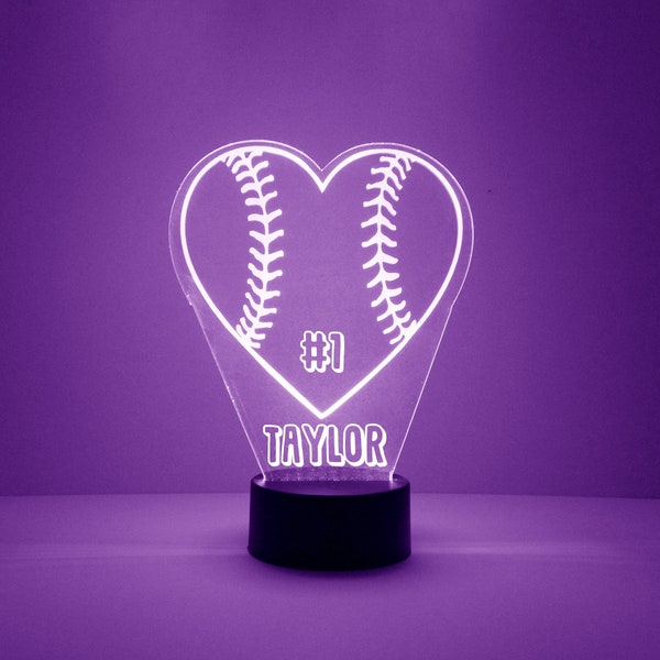 Softball Heart Light Up Art, Personalized Gift, 16 Color LED Kid's Room Night Light Lamp, FREE Engraving, Remote Control, Softball Team Gift