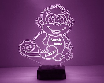 Baby Monkey Light Up, Personalized Kid's Gift, 16 Color LED Night Light Lamp, FREE Engraving, Remote Control, Kids Room Night Light