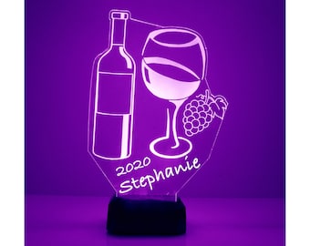 Wine Bottle, Wine Glass Light Up, Personalized Gift, 16 Color LED Night Light Lamp, FREE Engraving, Remote Control, Home & Bar Decor