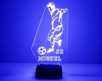 Soccer Player Light Up Art, Personalized Gift, 16 Color LED Kid's Room Night Light Lamp, FREE Engraving, Remote Control, Soccer Team Gift