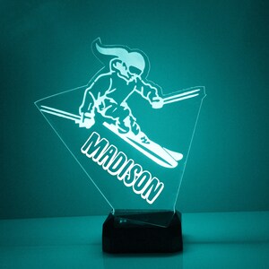 Skiers Light Up Sign, Personalized Gift, 16 Color LED Kid's Room Night Light Lamp, FREE Engraving, Remote Control, Ski Enthusiast Gift