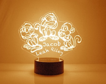 Monkey Trio Light Up, Personalized Kid's Gift, 16 Color LED Night Light Lamp, FREE Engraving, Remote Control, Kids Room Night Light
