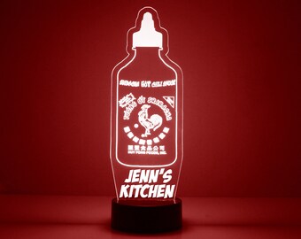 Light Up Hot Sauce Bottle, Personalized Gift, 16 Color LED Night Light Lamp, FREE Engraving, Remote Control, Kitchen Light, Chef's Gift