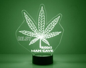 420 Leaf Light Up LED, Marijuana Pot Cannabis Weed Night Light, Personalized Free Any Name Custom Table Lamp With Remote 16 Colors