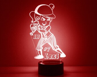 Jugador de softbol Iluminado, Regalo personalizado, Lámpara de luz nocturna LED de 16 colores, Grabado GRATIS, Control remoto, Regalo de equipo, Trofeo, Signo de softbol