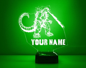 Handmade Godzilla Light Up, Personalized  Gift, 16 Color LED Night Light Lamp, FREE Engraving, Remote Control