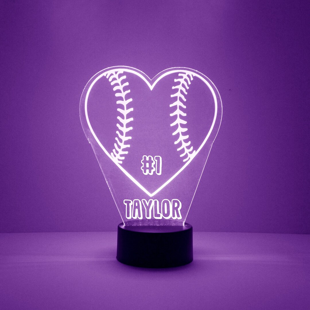 Softball Heart Light up Art, Personalized Gift, 16 Color LED Kid's Room Night Light Lamp, FREE