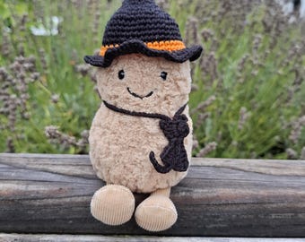 Disfraz espeluznante de Halloween con sombrero de bruja y gato negro para peluche de Peanut / Ropa tejida a crochet / No es un juguete / No apto para niños