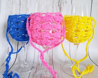 Gehaakte wijnglashouder/champagneglashouder om om de nek te dragen/ Cadeau voor wijnliefhebbers/ Feestaccessoire/ Vrijgezellenfeest/ Tuinfeest