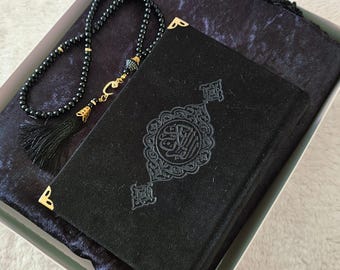 Personalized Black Prayer Mat Gift Set with Quran & Tasbih