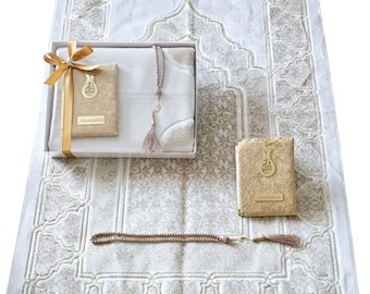 Custom Velvet Prayer Mat Set: Quran, Pearl Tasbih, Personalized Islamic Gift