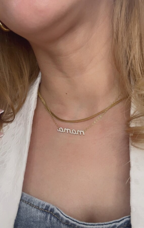 18k Gold Plated Black Necklace, Dainty Mom Necklace, Elegant Mama