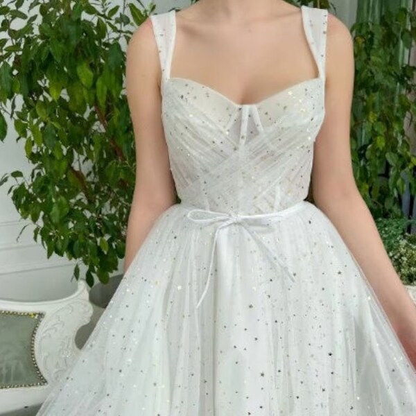 White Tea Length Dress Etsy