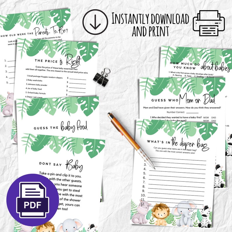 Baby safari themed baby shower games with answer key and table signs