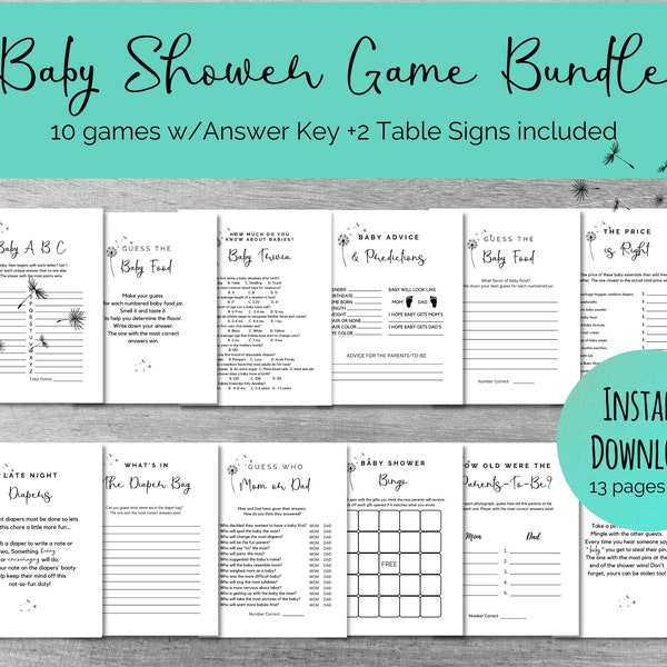 Printable Baby Shower Games - Dandelion- Minimal Game Bundle - Digital Download - Girl Baby Shower Theme