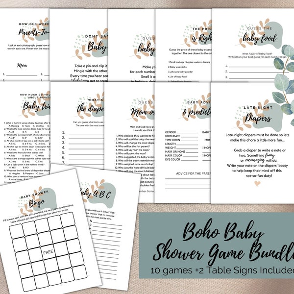 Printable Baby Shower Games - Printable - Gender Neutral Game Bundle - Digital Download - Boho Baby Shower Theme